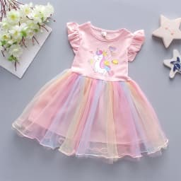 A Cute Girl'S Dress From 0 To 3 Years Old In Summer Sleeveless Love Trojan Horse Print Patchwork Rainbow Mesh Daily Casual Dress