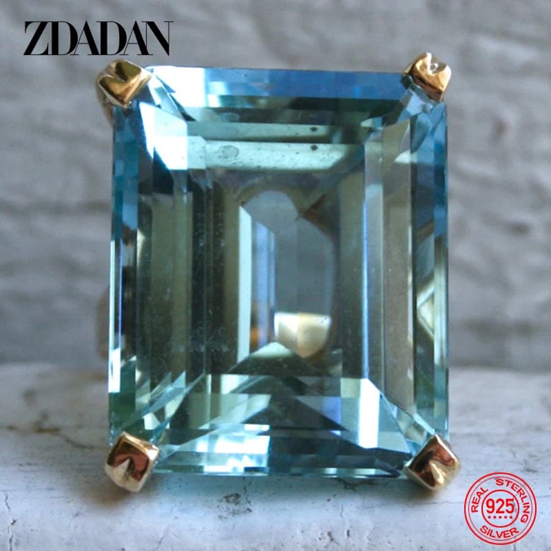 ZDADAN 925 Sterling Silver Aquamarine Gemstone Ring For Women Fashion Party Jewelry Gifts Wholesale