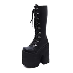 Gdgydh Women's Y2K Side Zipper Platform Boots Knee High Motorcycle Boots Black Closed Toe Lace Up Long Boots