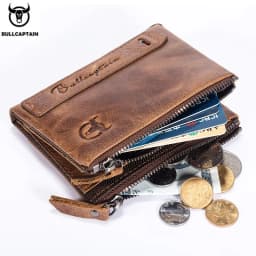 BULLCAPTAIN Retro Leather Men's Wallet Leather Zipper Buckle Short Money Wallet Card Holder Coin Purse RFID Wallet QB06