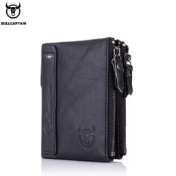 BULLCAPTAIN Retro Leather Men's Wallet Leather Zipper Buckle Short Money Wallet Card Holder Coin Purse RFID Wallet QB06