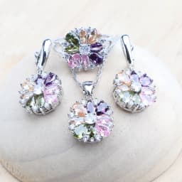 Bridal Jewelry Sets Silver 925 Flower Colorful Zircon Bracelets Earrings Rings Pendant Wedding Necklace Set Jewelry For Women