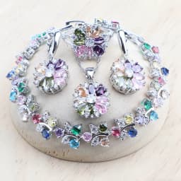 Bridal Jewelry Sets Silver 925 Flower Colorful Zircon Bracelets Earrings Rings Pendant Wedding Necklace Set Jewelry For Women