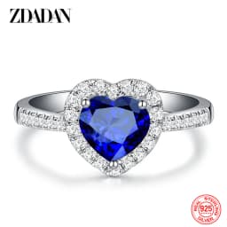 ZDADAN 925 Sterling Silver Heart Blue Gemstone Rings For Women Wedding Jewelry Fashion Gift