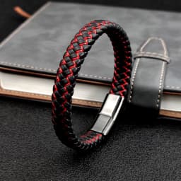 New Free Custom Name Blue/red leather Simple Charm Business Men Stainless Steel Leather Braided Bracelet Bagnet Lock Bangle
