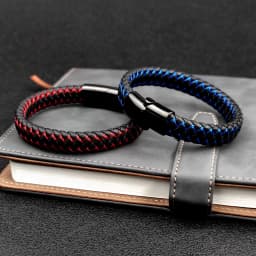 New Free Custom Name Blue/red leather Simple Charm Business Men Stainless Steel Leather Braided Bracelet Bagnet Lock Bangle