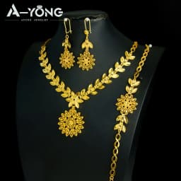 Luxury Dubai Wedding Jewelry Set 21k Gold Plated Arab Bridal Gold Necklace Bracelet Earrings Brazilian Women Vintage Jewelrys