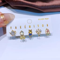 MIGGA 5pcs Fairy Cute Small Princess Stud Earrings Set for Women Girls Gold Color Cubic Zircon Jewelry