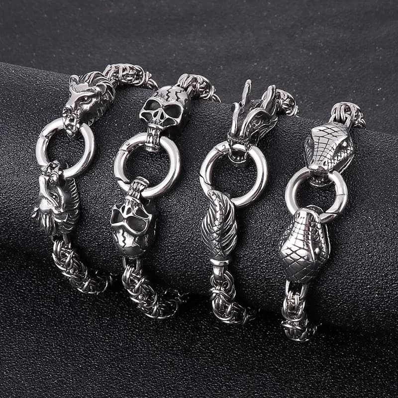 New 316L Stainless Steel Hip Hop Gothic Skull Wolf Head Dragon Bracelet for Men Women Punk Solid Metal Jewelry Gift