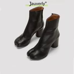 2026 Luxury Brand Design Leather Tabi Boots Fashion Round Chunky High Heel Ankle Boots For Women Autumn Winter Split Toe Shoes