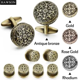 Antique Gold Silver Cufflinks and Tuxedo Studs Set Vintage Enamel Hollow Royal Pattern High End Mens Jewelry Gifts for Wedding