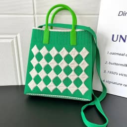 Contrasting Colors Knit Handbag Handmade Rhombic Lattice High-capacity Phone Bag Knit Knot Wrist Bag Women