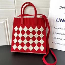 Contrasting Colors Knit Handbag Handmade Rhombic Lattice High-capacity Phone Bag Knit Knot Wrist Bag Women