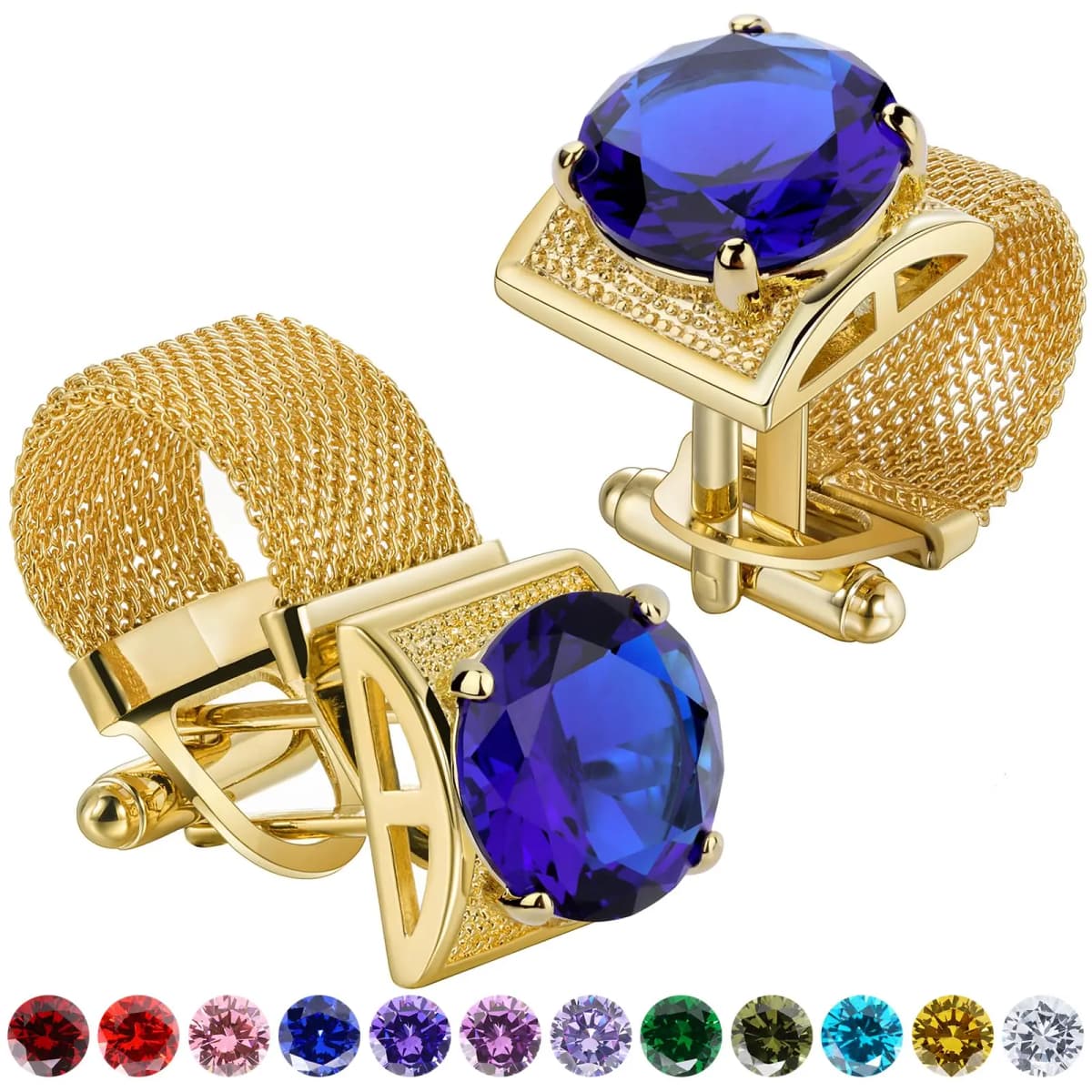 Men Birthstone Cufflinks Gold Mesh Chain Oval Crystal Zircon Cuff Links for French Shirt Birthday Gift for Men HAWSON