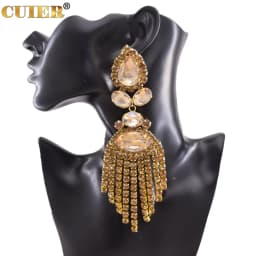 Rhinestones SS28 Dazzling17CM Long Tassel Clip on Earring for Women Jewelry Crystal AB Big Size Accessories for Drag Queen