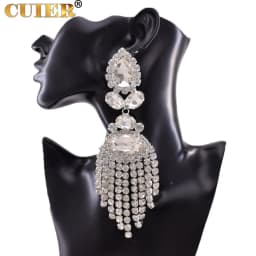 Rhinestones SS28 Dazzling17CM Long Tassel Clip on Earring for Women Jewelry Crystal AB Big Size Accessories for Drag Queen