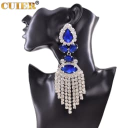 Rhinestones SS28 Dazzling17CM Long Tassel Clip on Earring for Women Jewelry Crystal AB Big Size Accessories for Drag Queen