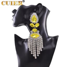 Rhinestones SS28 Dazzling17CM Long Tassel Clip on Earring for Women Jewelry Crystal AB Big Size Accessories for Drag Queen