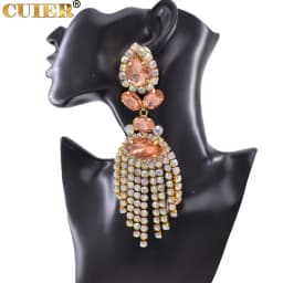 Rhinestones SS28 Dazzling17CM Long Tassel Clip on Earring for Women Jewelry Crystal AB Big Size Accessories for Drag Queen