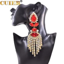 Rhinestones SS28 Dazzling17CM Long Tassel Clip on Earring for Women Jewelry Crystal AB Big Size Accessories for Drag Queen