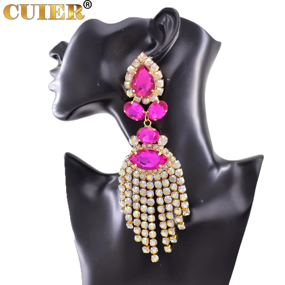 Rhinestones SS28 Dazzling17CM Long Tassel Clip on Earring for Women Jewelry Crystal AB Big Size Accessories for Drag Queen