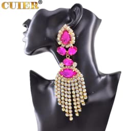 Rhinestones SS28 Dazzling17CM Long Tassel Clip on Earring for Women Jewelry Crystal AB Big Size Accessories for Drag Queen