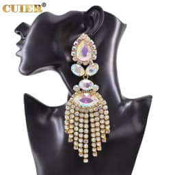 Rhinestones SS28 Dazzling17CM Long Tassel Clip on Earring for Women Jewelry Crystal AB Big Size Accessories for Drag Queen