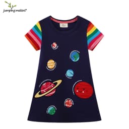 Jumping Meters 2-8T School Princess Girls Dresses Animals Applique Summer Short Sleeve Baby Clothes Birthday Frocks Costume