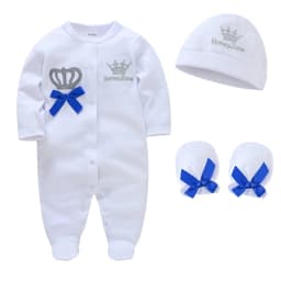 Newborn Baby Boys Romper Royal Crown Prince 100% Cotton Clothing Set with Cap Gloves Infant Girl One-Pieces Footies Sleepsuits
