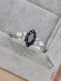 S925 Sterling Silver Ring Oval Black Agate Set with Diamond Simple Design in Europe and America Prom Party Style Fashion Women