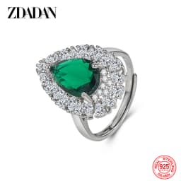 ZDADAN 925 Sterling Silver Water Drop Emerald Adjustable Ring For Women Fashion Jewelry