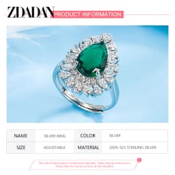 ZDADAN 925 Sterling Silver Water Drop Emerald Adjustable Ring For Women Fashion Jewelry