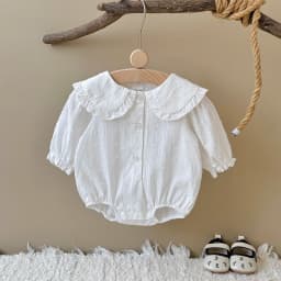2025 Autumn New Spring and Autumn Baby Ha Yi New Clothing White Polka Dot Doll Collar Design Pure Cotton Cute and Cute Baby Jump