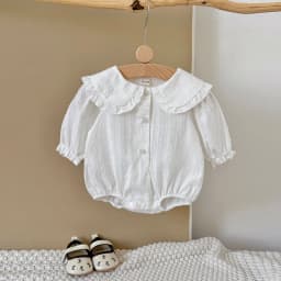 2025 Autumn New Spring and Autumn Baby Ha Yi New Clothing White Polka Dot Doll Collar Design Pure Cotton Cute and Cute Baby Jump