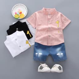 New Summer Hot Sale Toddler Kids Baby Boys Shirt Cartoon Tops Denim Shorts Pants Outfits Set Baby Clothes