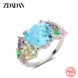 ZDADAN 925 Sterling Silver Square Gemstone Ring For Women Fashion Glamour Gift Wedding Jewelry