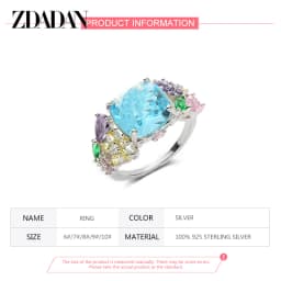 ZDADAN 925 Sterling Silver Square Gemstone Ring For Women Fashion Glamour Gift Wedding Jewelry