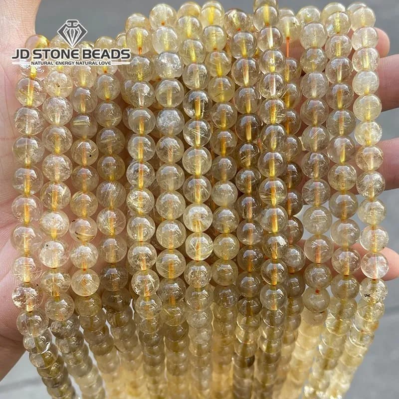 Natural Ice Gold Rutilated Quartz Round Loose Hair Crystal Beads 6/8/10/12 MM Pick Size For Jewelry Making Necklace Bracelet Diy