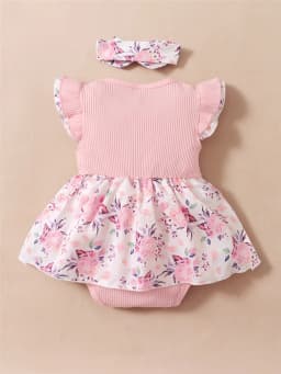 0-18 Months Baby Girl Floral Romper Dress Fly Sleeve Summer Ribbed Jumpsuit with Headband Newborn Baby Girl 2PCS Outfit