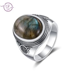 Vintage Natural Labradorite Ring for Women Men 10x14MM Oval Large Tiger Eye S925 Silver Plated Rings Boho Jewelry Gift FCGJHW