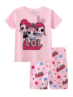 2pcs Toddler Girls Cotton Pajamas Outfit Cartoon Unicorn Graphic Crew Neck T-Shirt Top & Elastic Waist Shorts Sleepwear