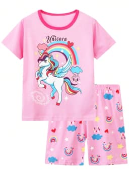 2pcs Toddler Girls Cotton Pajamas Outfit Cartoon Unicorn Graphic Crew Neck T-Shirt Top & Elastic Waist Shorts Sleepwear