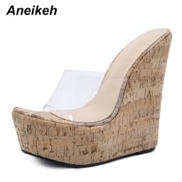 Aneikeh PVC Transparent Wedges Platform Sandals High Heeled Summer 2025 Fashion Women's Slippers Thick Sole Beach Shoes Mujer