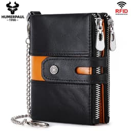 HUMERPAUL Genuine Leather Men's Wallet Fashion Quality Travel Purse Rfid Protect Credit Card Holder Wollst for Men with Chain