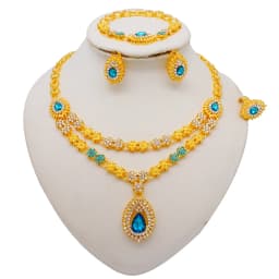 Fashion Ethiopia Dubai Women Gold Color Jewelry Sets Blue Pendant Necklace Earrings Bracelet Ring Sets Party Gifts