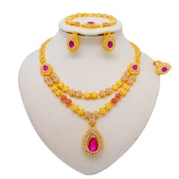Fashion Ethiopia Dubai Women Gold Color Jewelry Sets Blue Pendant Necklace Earrings Bracelet Ring Sets Party Gifts