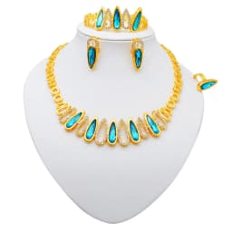Fashion Ethiopia Dubai Women Gold Color Jewelry Sets Blue Pendant Necklace Earrings Bracelet Ring Sets Party Gifts