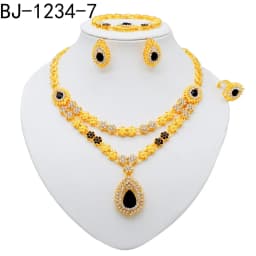 Fashion Ethiopia Dubai Women Gold Color Jewelry Sets Blue Pendant Necklace Earrings Bracelet Ring Sets Party Gifts