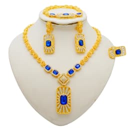 Fashion Ethiopia Dubai Women Gold Color Jewelry Sets Blue Pendant Necklace Earrings Bracelet Ring Sets Party Gifts
