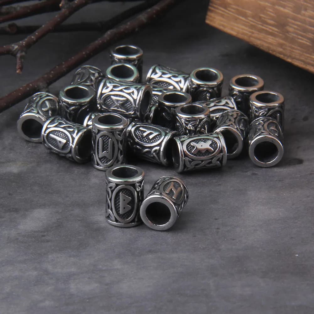 Stainless Steel 24pcs/lot Viking Runes Beads Charms TIWAZ TYR Sol rune Odal Futhark Rune beads for Hair Beard with wooden box